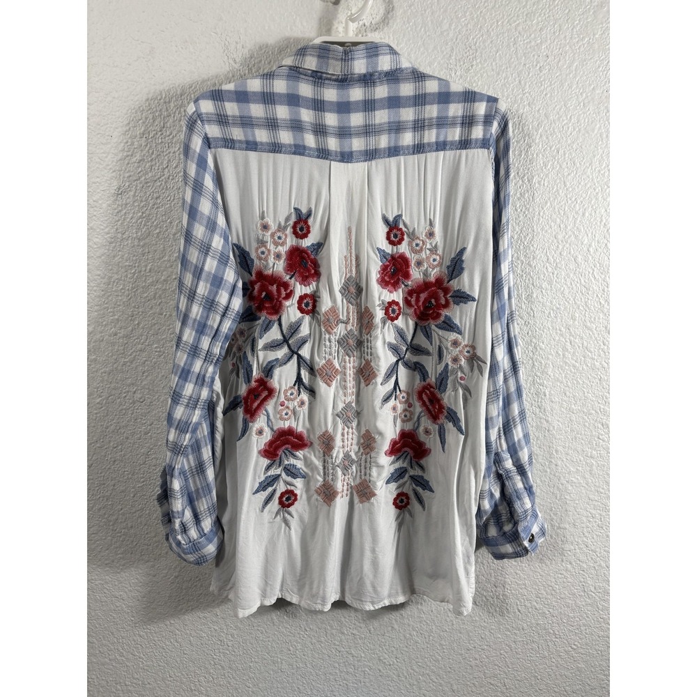 Kyla Seo Shirt Womens Large Blue Plaid Embroidered Back Long Sleeve Top